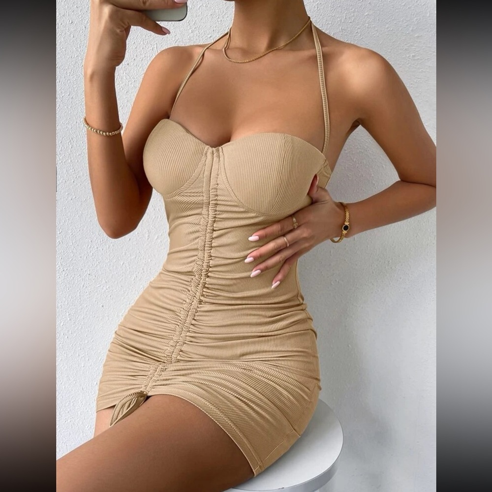 Halter Bustier Drawstring Open Back Bodycon Dress